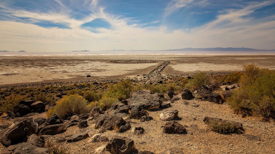 Discover the iconic Spiral Jetty on the Great Salt Lake, Utah in this breathtaking landscape photograph.